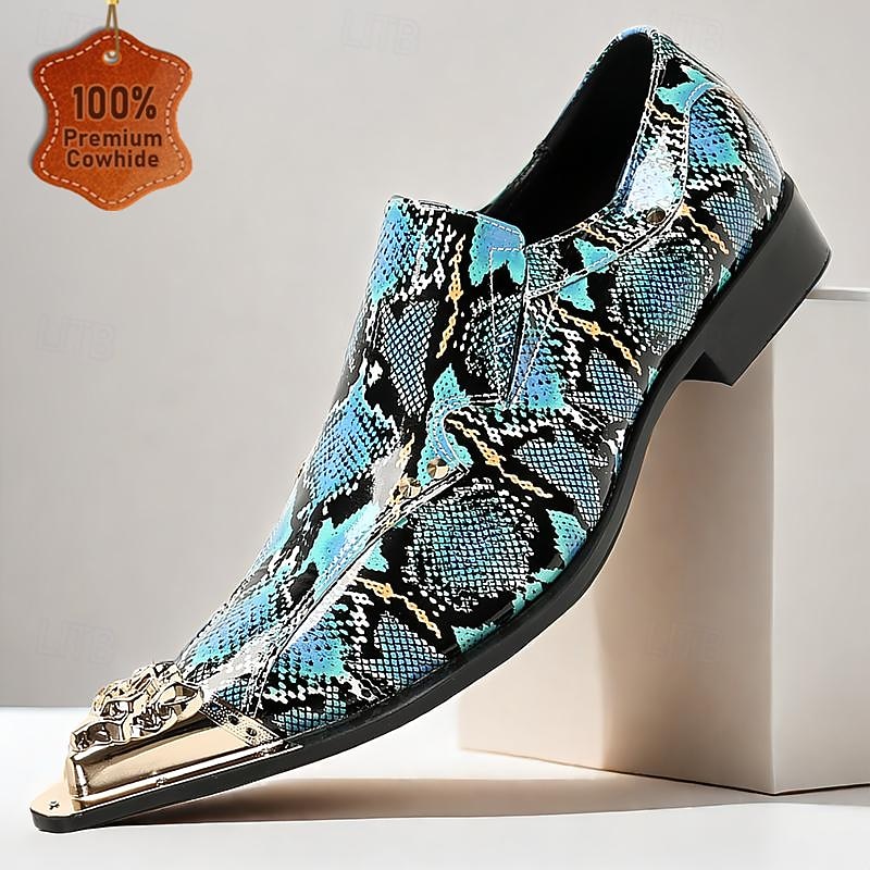 Men's Leather Snake Print Slip-On Loafers - Stylish Pointed Toe Dress Shoes with Metal Tips