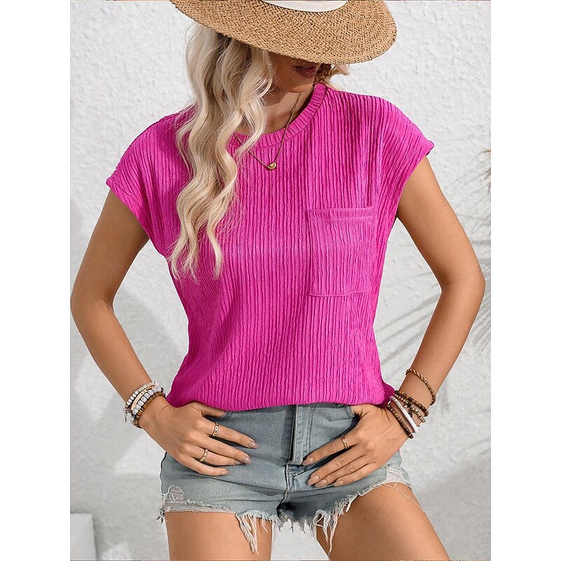 Women's Lace T-shirt Plain Fashion Short Sleeve Crew Neck Regular Tops Vacation Daily Pocket Black White Royal Blue Fuchsia Summer4