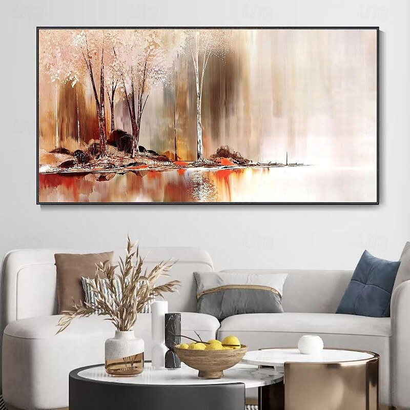 Handmade Oil Painting Canvas Wall Art Decoration Modern Abstract Forest Lake Reflection Landscape for Living Room Home Decor Rolled Frameless Unstretched Painting