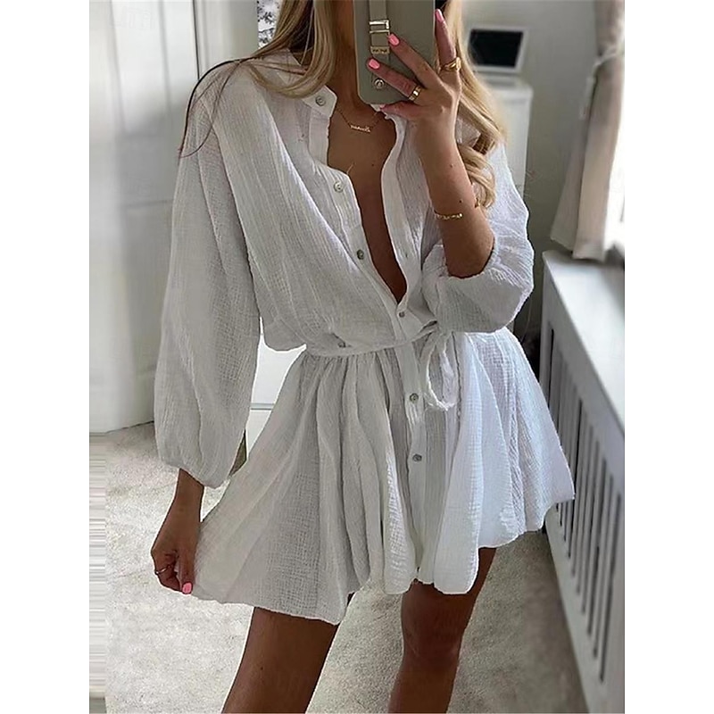 Women's White Dress Shirt Dress Mini Dress Date Vacation Linen Basic Casual Stand Collar Button Long Sleeve Summer Spring Regular Fit Plain