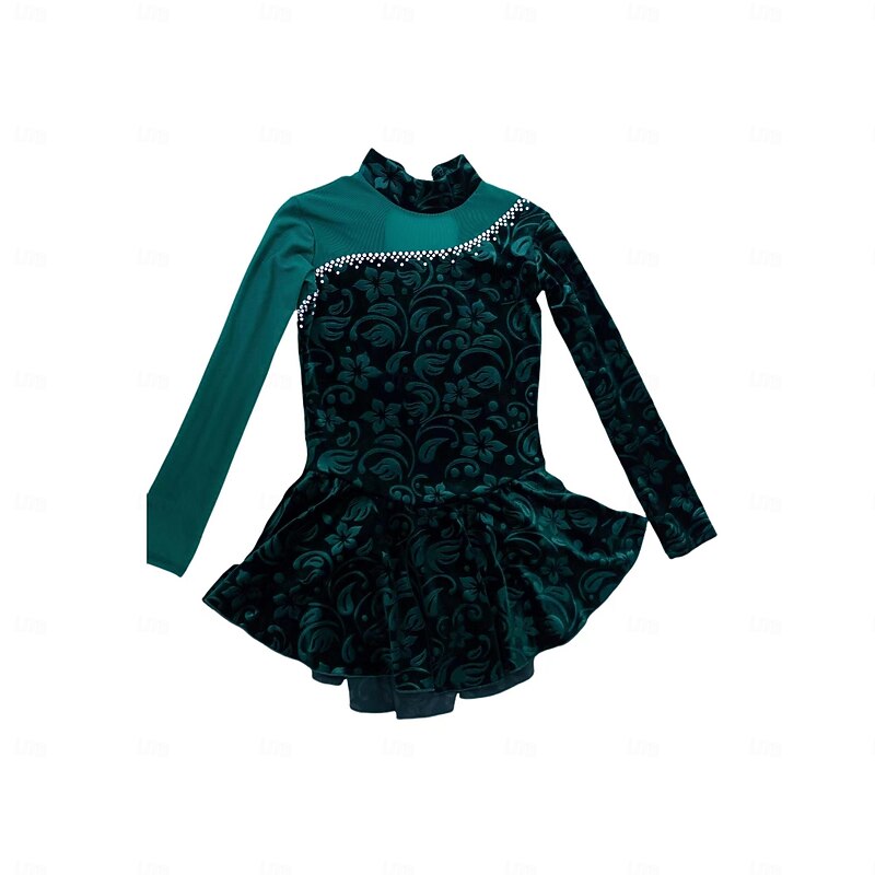 Figure Skating Dress Women's Girls' Ice Skating Dress Forest Green Patchwork Mesh Spandex Stretchy Training Practice Professional Skating Wear Thermal Warm Classic Crystal / Rhinestone Long Sleeve4