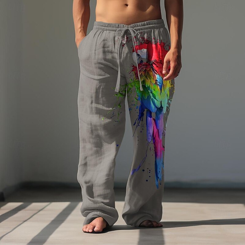 Men's Animal Bird Linen Pants Baggy Pants Mid Waist Hawaiian Casual Outdoor Streetwear Elastic Waist Spring &  Fall Fall & Winter Black White Army Green2