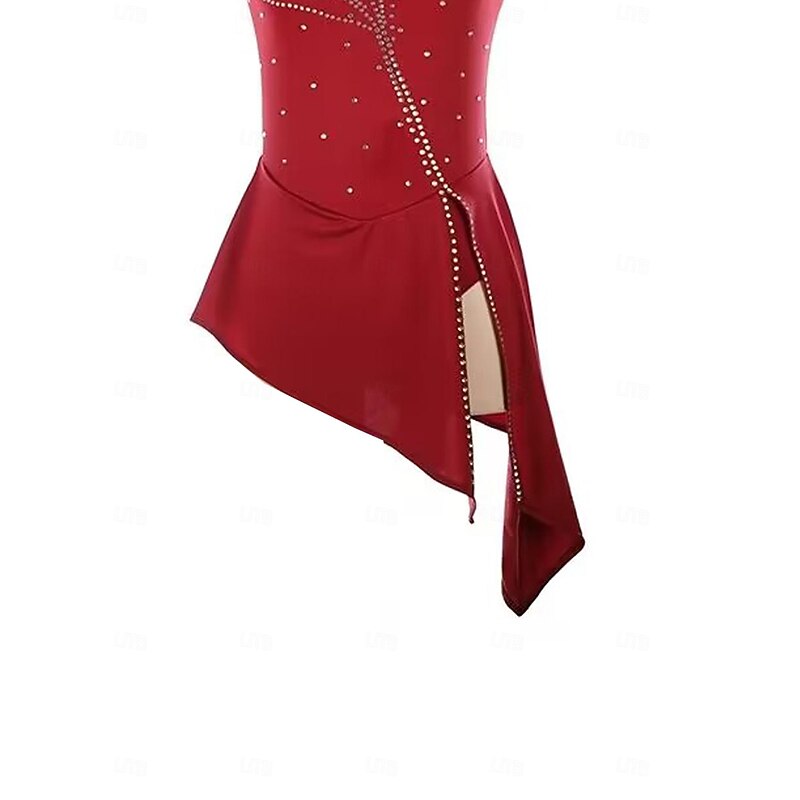 Figure Skating Dress Women's Girls' Ice Skating Dress Burgundy Patchwork Open Back Mesh Spandex Stretchy Training Practice Professional Skating Wear Thermal Warm Crystal / Rhinestone Sleeveless Ice4