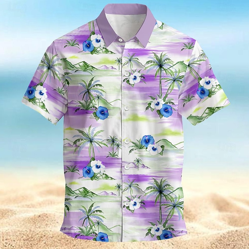 Men's Floral Coconut Tree Palm Tree Summer Hawaiian Shirt Aloha Shirt Short Sleeves Shirt Turndown Hawaiian Casual Resort Outdoor Vacation Street Yellow Purple S M L4