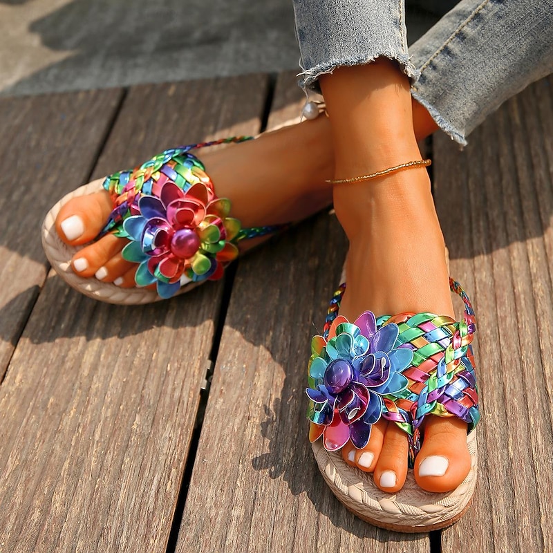 Women's Colorful Bohemian Flower Sandals – Handmade Woven Slip-On Flats for Beach & Summer Casual Wear2