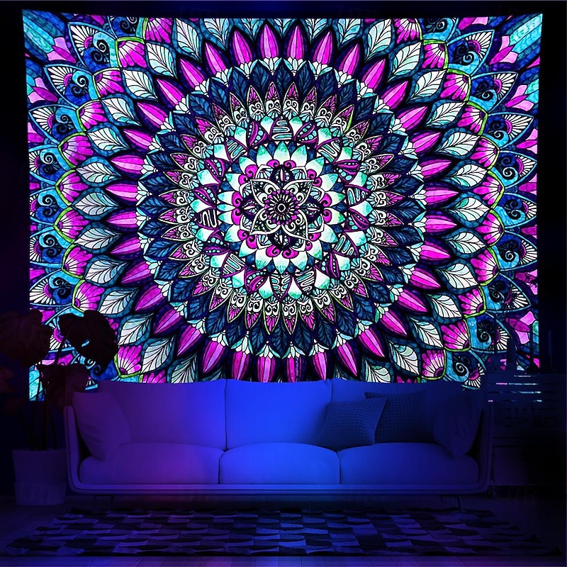 Blacklight Tapestry UV Reactive Glow in the Dark Glow Party Neon Mandala Bohemian Psychedelic Trippy Misty Hanging Tapestry Wall Art Mural for Living Room Bedroom