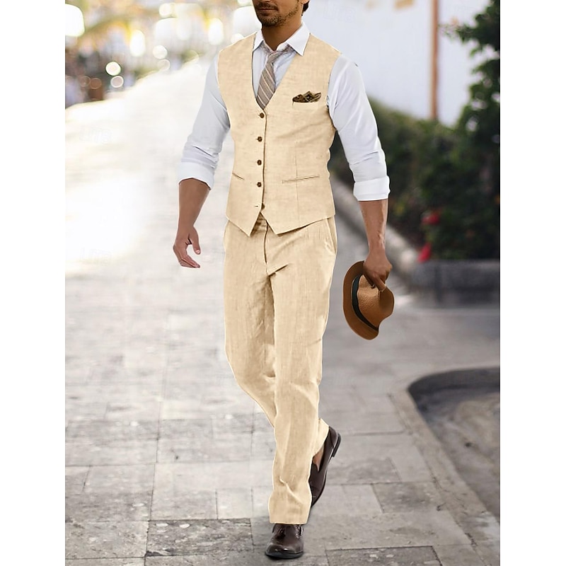 Men's Wedding Linen Suits V Neck pea green White Solid Colored Tailored Fit 2 Piece