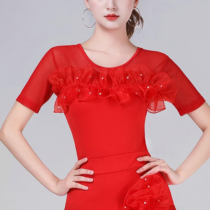 Latin Dance Ballroom Dance Top Pure Color Ruffle Splicing Women's Performance Training Short Sleeve High Polyester