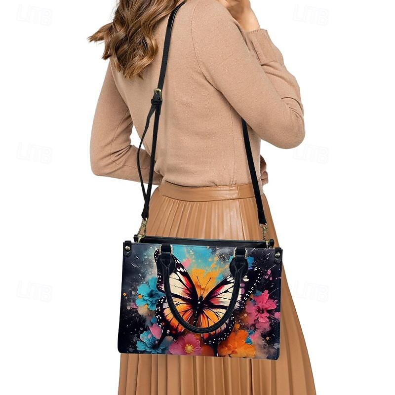 Women's Handbag Crossbody Bag Shoulder Bag Boston Bag PU Leather Shopping Daily Holiday Print Large Capacity Multi Carry Butterfly Flowers Light Red Blue3