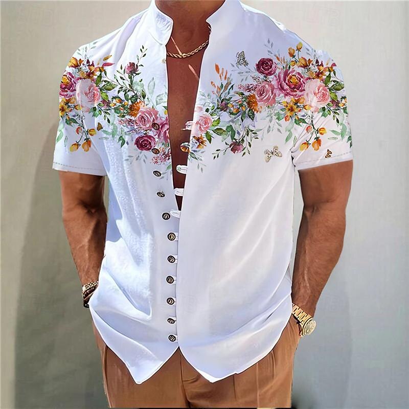 Men's Geometric Pattern Geometry Graffiti Shirt Button Up Shirt Short Sleeve Fashion Streetwear Designer Outdoor Vacation Daily Summer Spring Stand Collar Print White+Red White & Blue White Yellow4