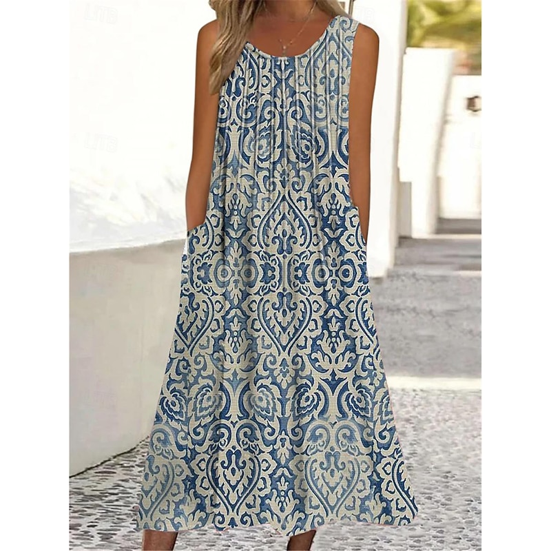 Women's Maxi Dress Tank Dress Ombre Floral Pocket Print Crew Neck Midi Dress Daily Vacation Sleeveless Summer Spring2