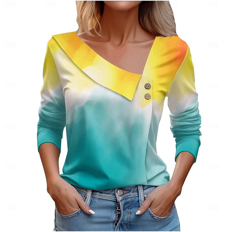 Women's Shirt Blouse Casual Buttons Print Long Sleeve Regular Tops V Neck Daily Yellow Pink Blue Orange Green Spring & Summer3