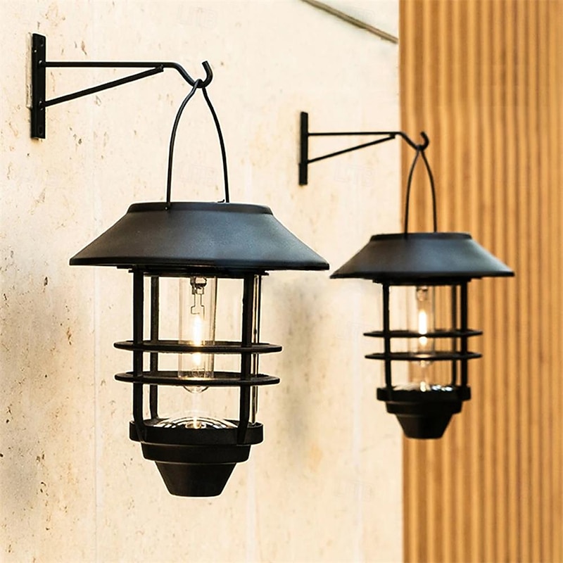 Solar Iron Lampshade Tungsten Filament Bulb Black Powered Wall Lamp Outdoor Retro Lantern Hanging Wall Lamp Waterproof Retro Metal Solar Garden Lamp Villa Porch Lighting 1pc2