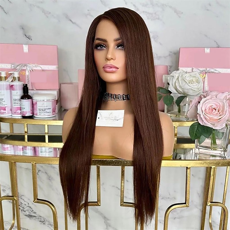 Unprocessed Virgin Hair 13x4 Lace Front Wig Free Part Brazilian Hair Silky Straight Brown Auburn Wig 130% 150% Density with Baby Hair Natural Hairline Glueless Pre-Plucked For Women Long Human Hair3