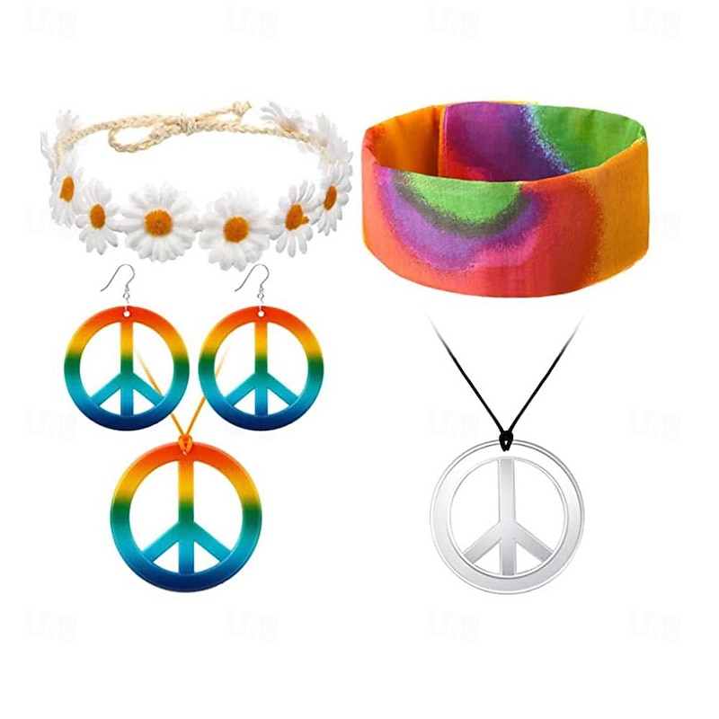 Retro Vintage 1960s Hippie Cosplay Costume Necklace Headband Hippie Disco Fancy Dress Women's Girls' Halloween Carnival Masquerade Party / Evening Casual Daily Pride Parade Adults' Earrings Necklace4