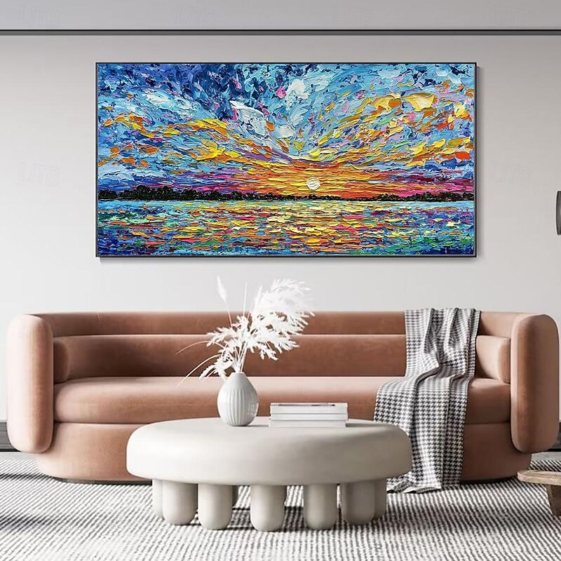 Hand Painted Oil Paintings Canvas Wall Art Decoration Modern Abstract Sunset Dusk Sea Landscape for Living Room Home Decor Rolled Frameless Unstretched Painting4