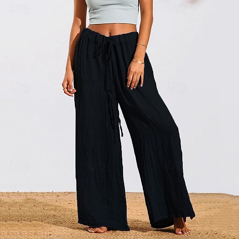 Women's Wide Leg Pants Trousers High Cut High Waist Long Black Summer2