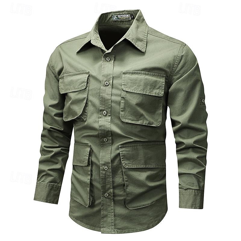 Men's Shirt Workwear Shirts Casual Shirt Work Shirt Button Up Shirt Cargo Shirt Black khaki Army Green Long Sleeve Plain Turndown Vacation Holiday Front Pocket Clothing Apparel Fashion Casual 6
