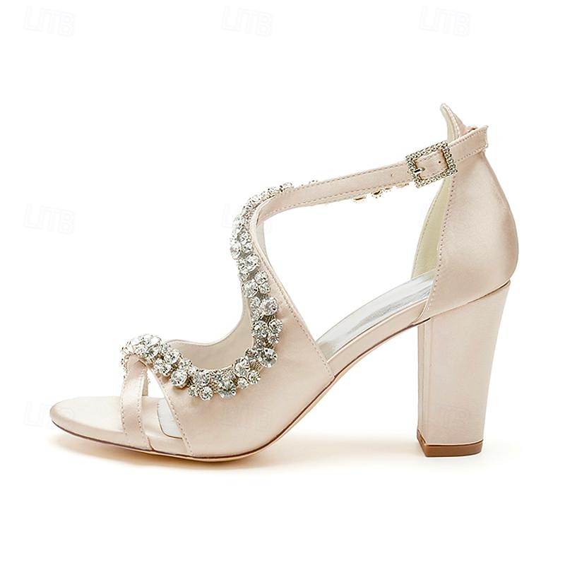 Women's Ivory Satin Chunky Heel Sandals with Rhinestone Straps – Elegant Open-Toe Dress Shoes for Cocktail Parties and Weddings3