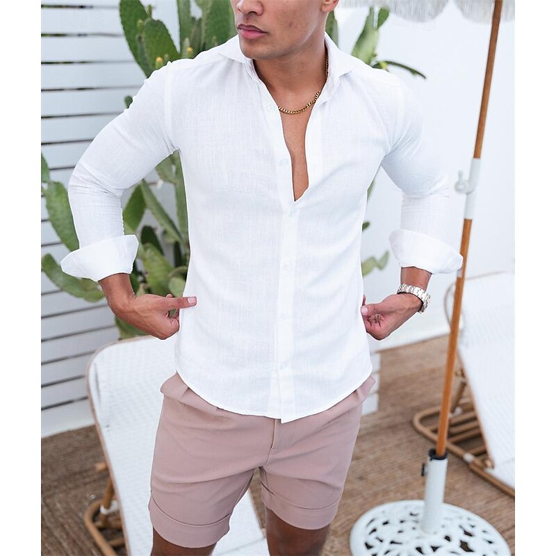 Men's Shirt Linen Shirt Summer Shirt Beach Wear Button Up Shirt Solid Color Street Daily Black White Long Sleeve Collarless Clothing Apparel3