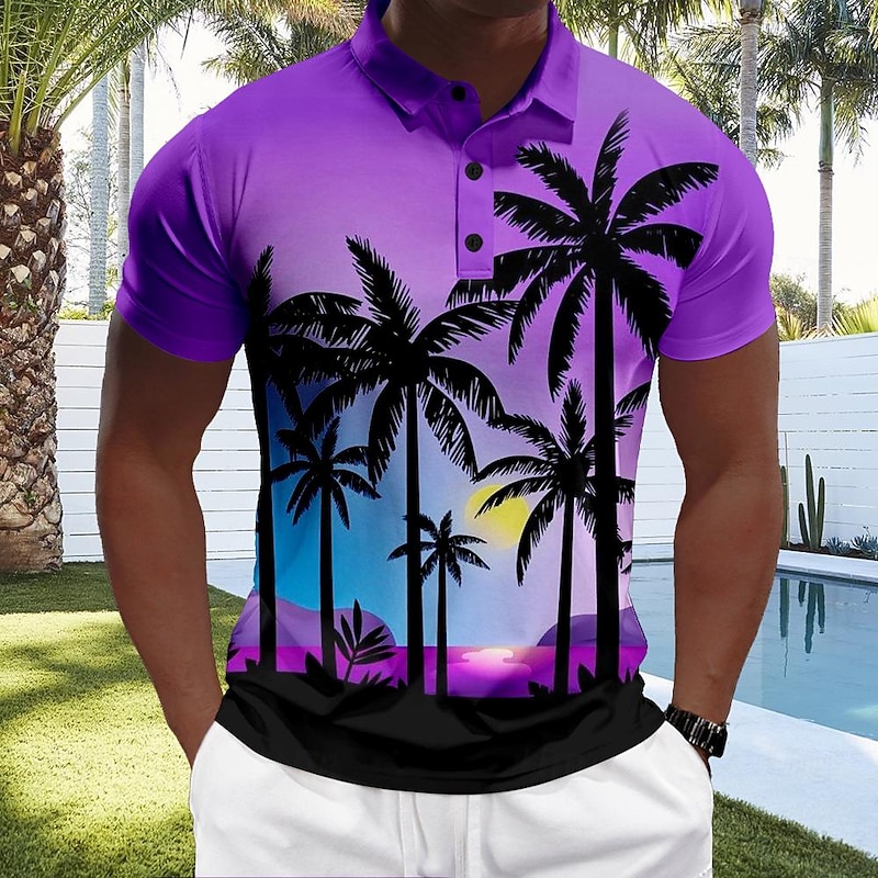 Kentucky Derby Men's Hawaiian Polo Shirts Golf Shirt Short Sleeve Polo Shirts Collared Shirts Beach Wear Vacation Wear Tropical Wear Party Outfits Buttons 3D Print Spring & Summer Purple