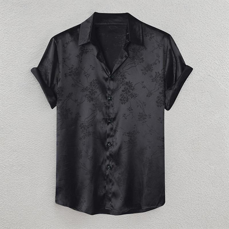 Men's Shirt Summer Shirt Casual Shirt Beach Shirt Button Up Shirt Satin Silk Shirt Black Wine Dark Blue Apricot Short Sleeve Floral Lapel Vacation Hawaiian Clothing Apparel Polyester Fashion Casual