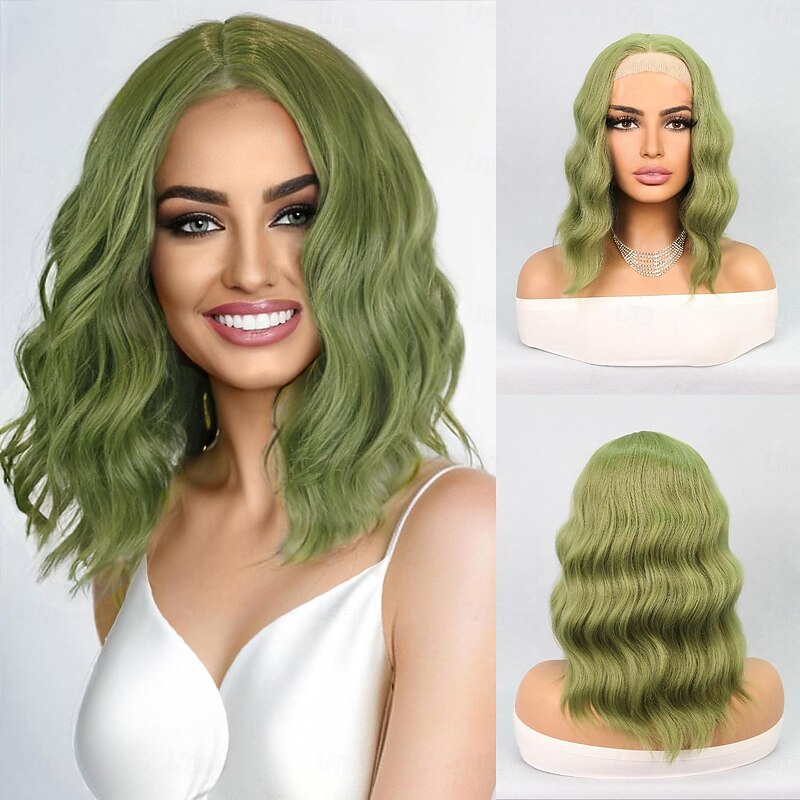 Synthetic Lace Wig Wavy Style 14 inch Green Middle Part T Part Wig Women Wig Fruit Green