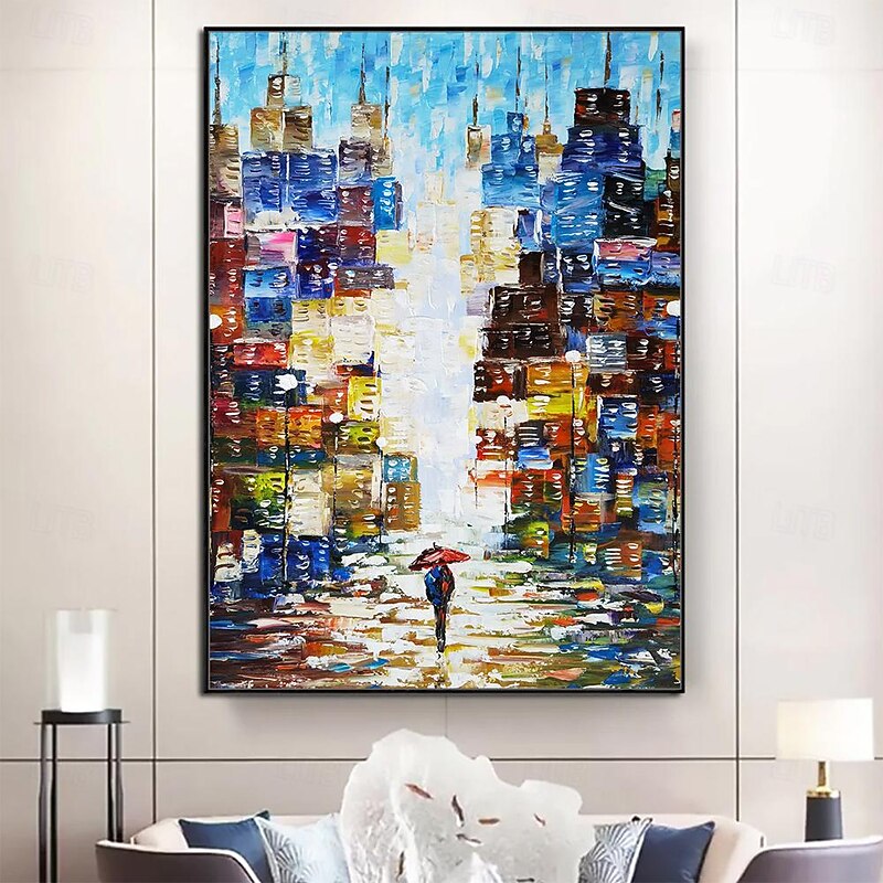 Mintura Handmade City Landscape Oil Paintings On Canvas Large Wall Art Decoration Modern Abstract Picture For Home Decor Rolled Frameless Unstretched Painting