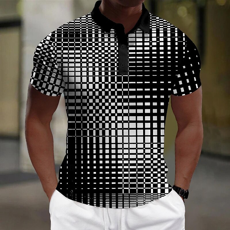 Men's Geometric Polo Shirts Golf Shirt Short Sleeve Polo Shirts Collared Shirts Business Casual WorkWear Formal Wear Festival Wear Buttons 3D Print Summer Black White2