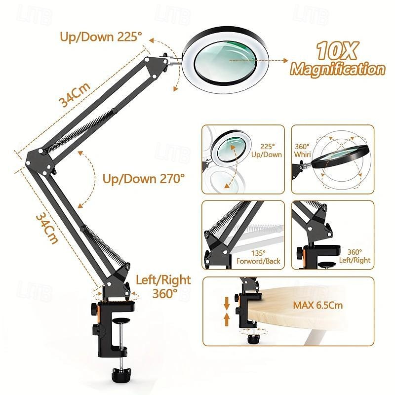 10X Magnifying Glass with Light Hands Free, 2-in-1 Stepless Dimmable LED Magnifying Desk Lamp with Stand, Craft Light Lamp with 3 Color Modes for Close Work Reading Repair Crafts4