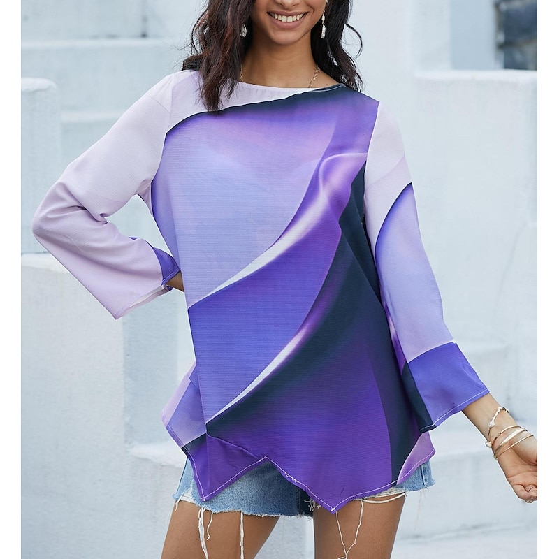 Women's Blouse Long Sleeve Asymmetrical Hem Tunic Top Chiffon Stylish Neon & Bright Ombre Print Asymmetric Hem Long Tops Round Neck Casual Daily Pink Purple Orange Green Gray Spring Fall2