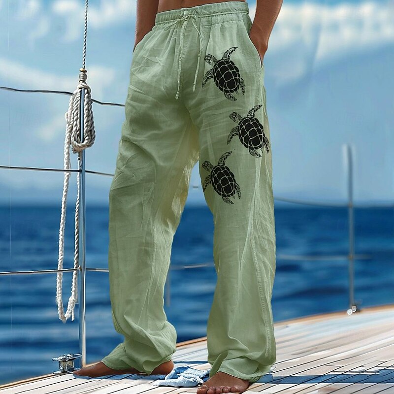 Men's Linen Pants Trousers Summer Pants Beach Pants Drawstring Elastic Waist Print Graphic Comfort Daily Vacation Beach 20% Linen Vacation Fashion Blue Green3