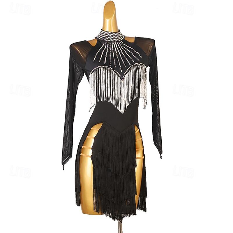Latin Dance Dress Rhinestone Tassel Women's Girls' Performance Training Long Sleeve High Spandex Tulle2