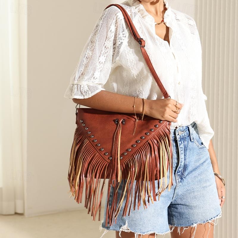 Women's Bohemian Style Leather Fringe Crossbody Bag with Studded Detail