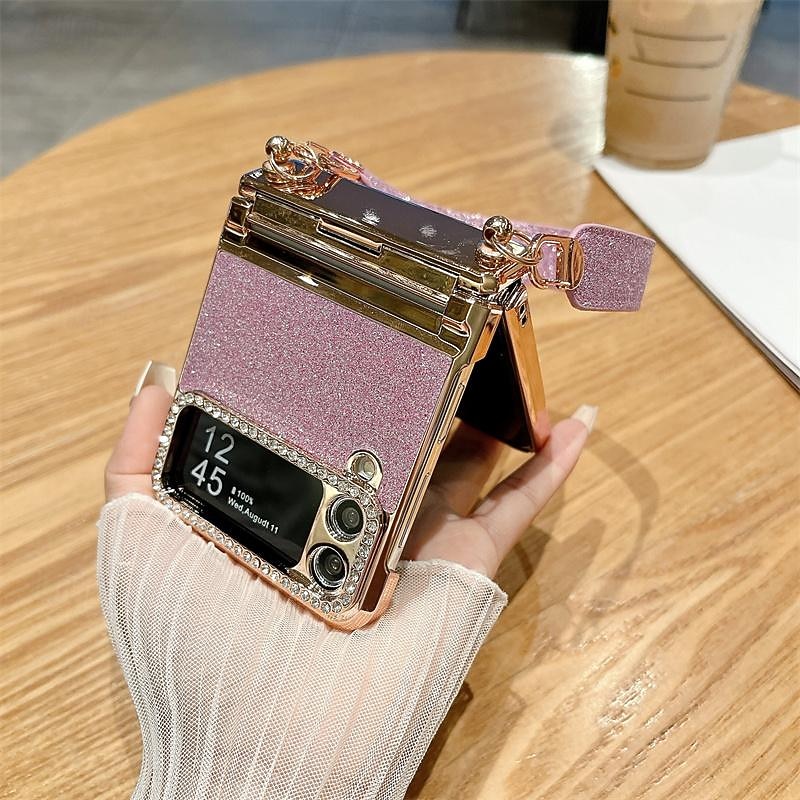 Phone Case For Samsung Galaxy Z Flip 6 Z Flip 5 Z Flip 4 Z Flip 3 Back Cover with Wrist Strap Bling Glitter Shiny Shockproof Plating PC Metal4