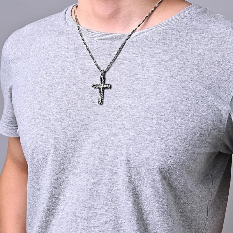 Men's Pendant Necklace Steel color and steel color flower blue chain Stainless Steel Cross2