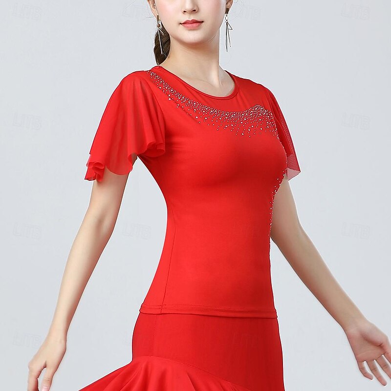 Latin Dance Ballroom Dance Top Glitter Pure Color Splicing Women's Performance Training Short Sleeve High Polyester2