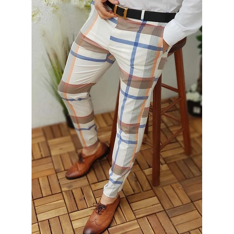 Men's Joggers Trousers Chinos Chino Pants Plaid Dress Pants Pocket Plaid Comfort Breathable Daily Holiday Going out Streetwear Stylish White & Blue Blue3
