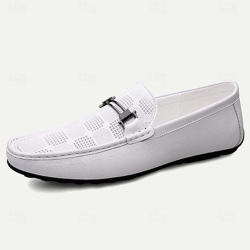 Men's White Leather Slip-On Loafers - Stylish Checker Pattern Driving Shoes2