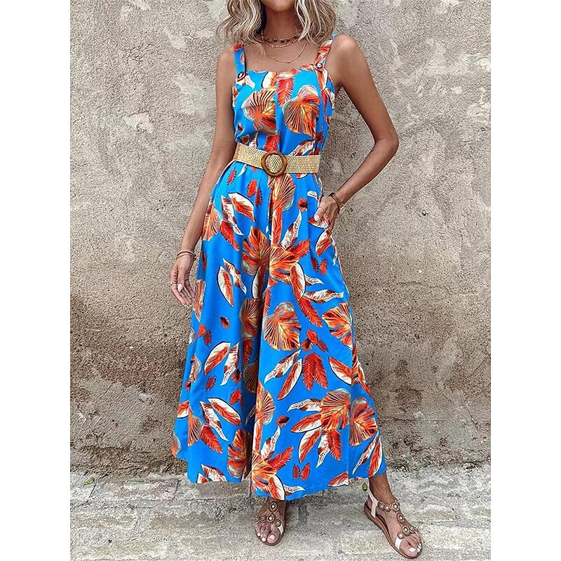 Women's Normal Jumpsuit Holiday Floral Sleeveless V Neck Backless Pocket Street Daily Regular Fit Blue Summer3