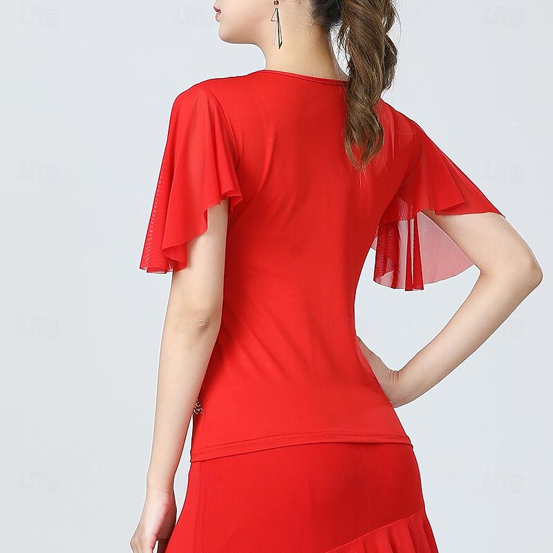 Latin Dance Ballroom Dance Top Glitter Pure Color Splicing Women's Performance Training Short Sleeve High Polyester3