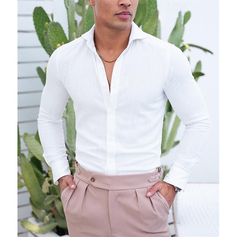 Men's Shirt Linen Shirt Summer Shirt Beach Wear Button Up Shirt Solid Color Street Daily Black White Long Sleeve Collarless Clothing Apparel