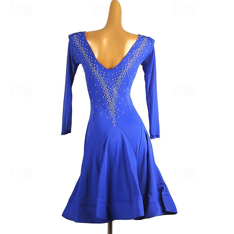 Latin Dance Dress Pure Color Splicing Crystals / Rhinestones Women's Performance Training Long Sleeve Chinlon Mesh2