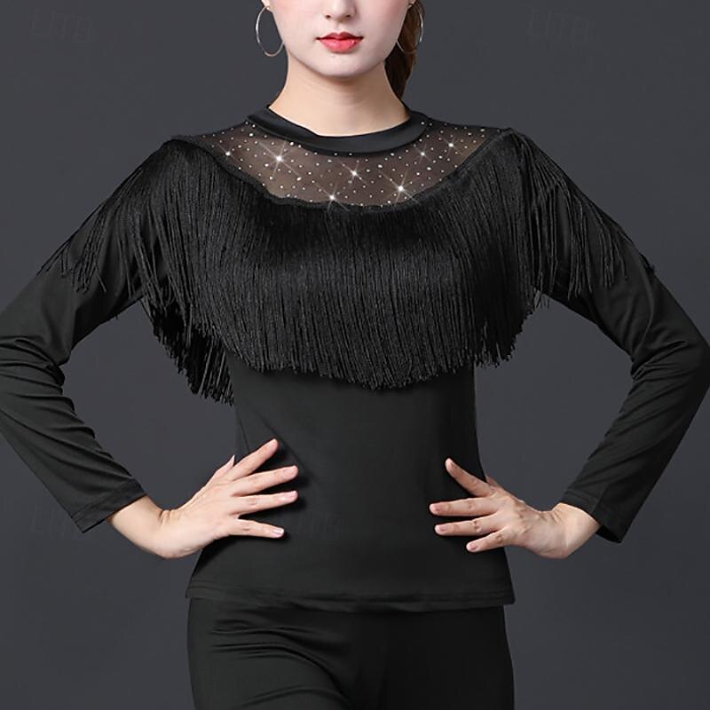 Latin Dance Ballroom Dance Top Tassel Pure Color Splicing Women's Performance Training Long Sleeve High Polyester4