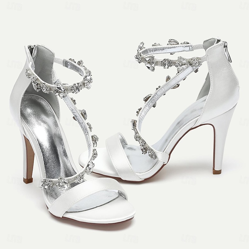 Women's Navy Satin Bridal Stiletto Heels with Rhinestone Embellishments - Elegant Wedding Shoes for Formal and Cocktail Occasions2