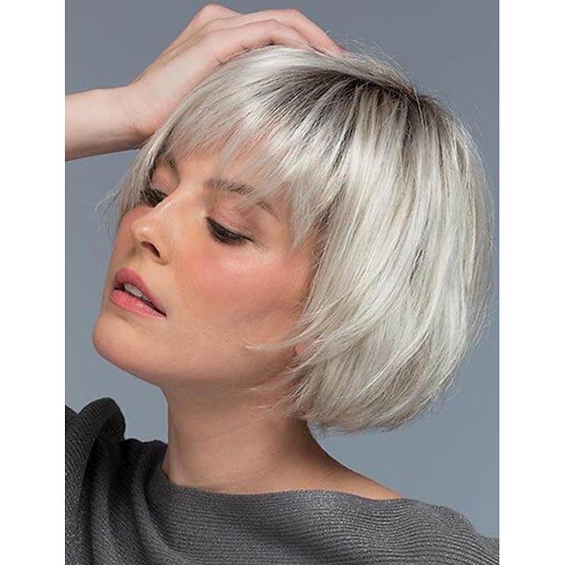 Short Ombre White Blonde Bob Wigs for White Women with Bangs Chin Length Layered Mixed Blonde Cute Straight Pixie Bob Wig Synthetic Natural Looking Daily Party Wig2