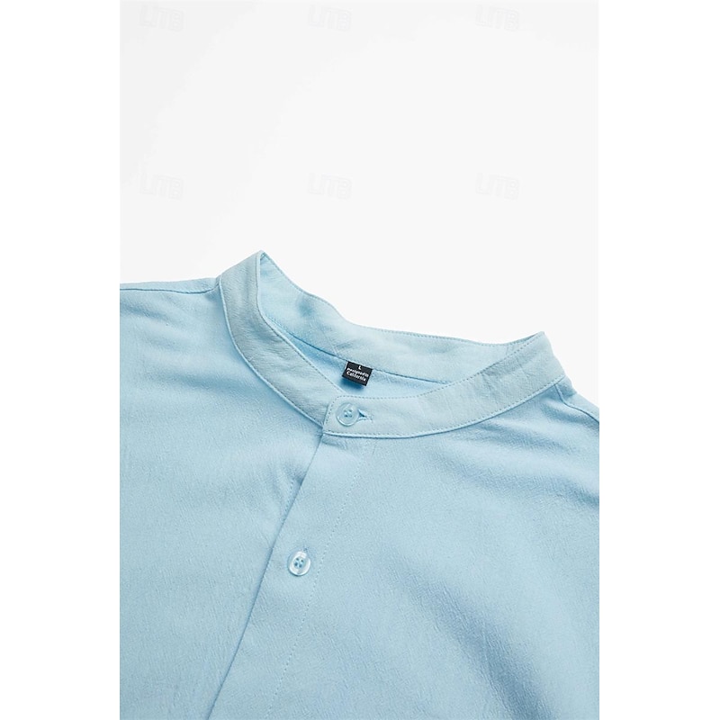 Men's Shirt Summer Shirt Beach Wear Button Up Shirt Black White Pink Red Long Sleeve Plain Band Collar Spring & Summer Casual Daily Clothing Apparel 100% Cotton3