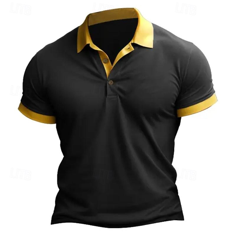 Men's Golf Shirt Golf Polo Work Casual Lapel Short Sleeve Basic Modern Color Block Patchwork Button Spring & Summer Regular Fit Wine Black Blue Brown Golf Shirt4