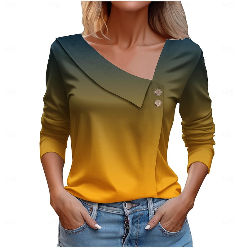 Women's Shirt Blouse Casual Buttons Print Long Sleeve Regular Tops V Neck Daily Yellow Pink Blue Orange Green Spring & Summer