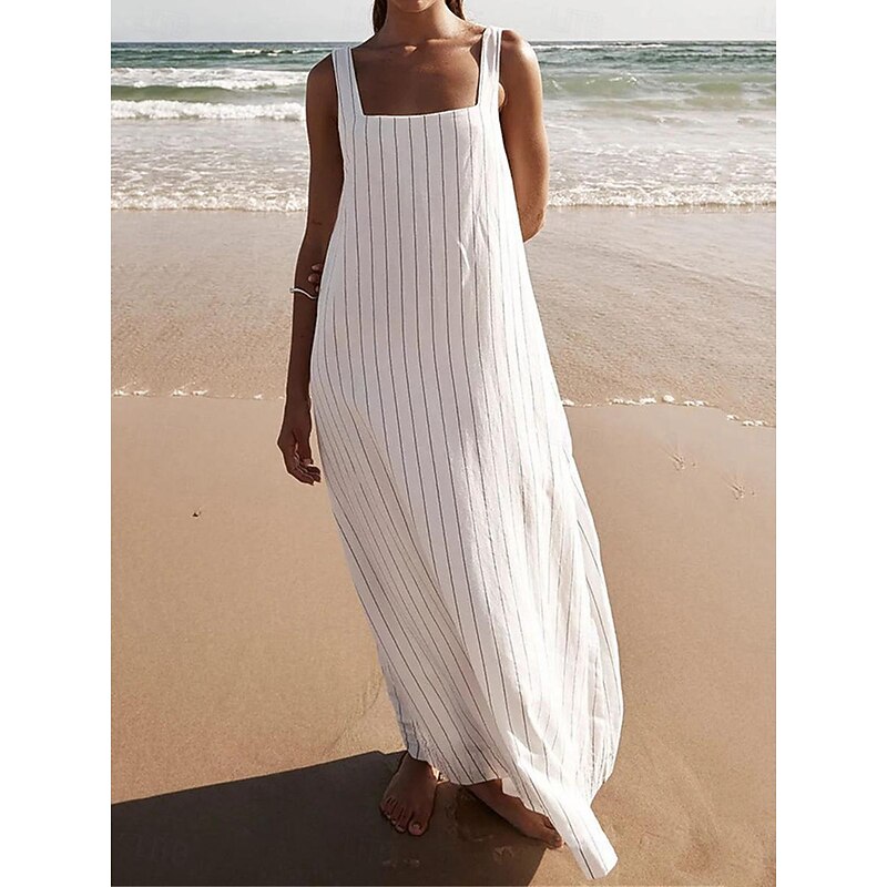 Women's White Dress Sundress Stripe Backless Strap Maxi Dress Casual Daily Vacation Short Sleeve Summer4